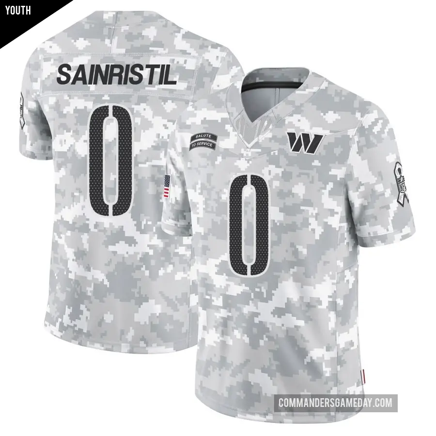 Youth Washington Commanders ＃0 Mike Sainristil Arctic Camo Limited 2024 Salute to Service Jersey