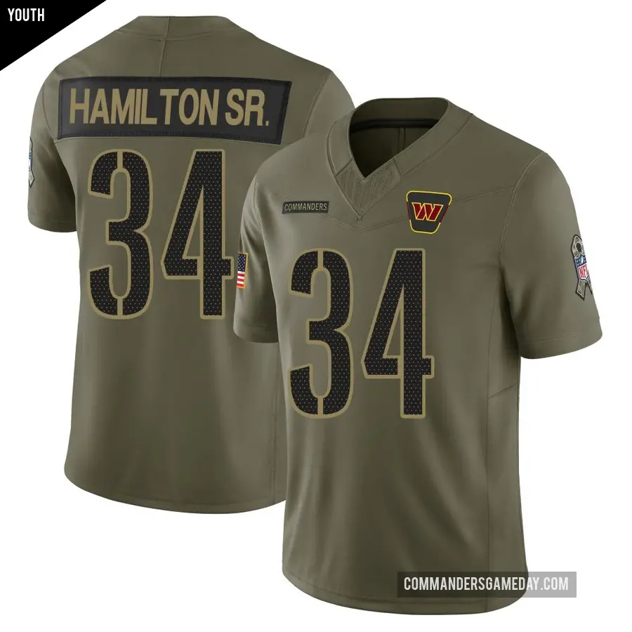 Youth Washington Commanders ＃34 Antonio Hamilton Sr. Olive Limited 2025 Salute to Service Jersey