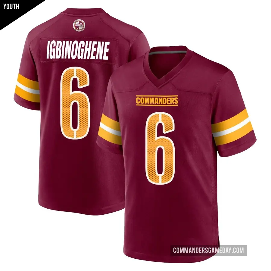 Youth Washington Commanders ＃6 Noah Igbinoghene Game Burgundy Jersey