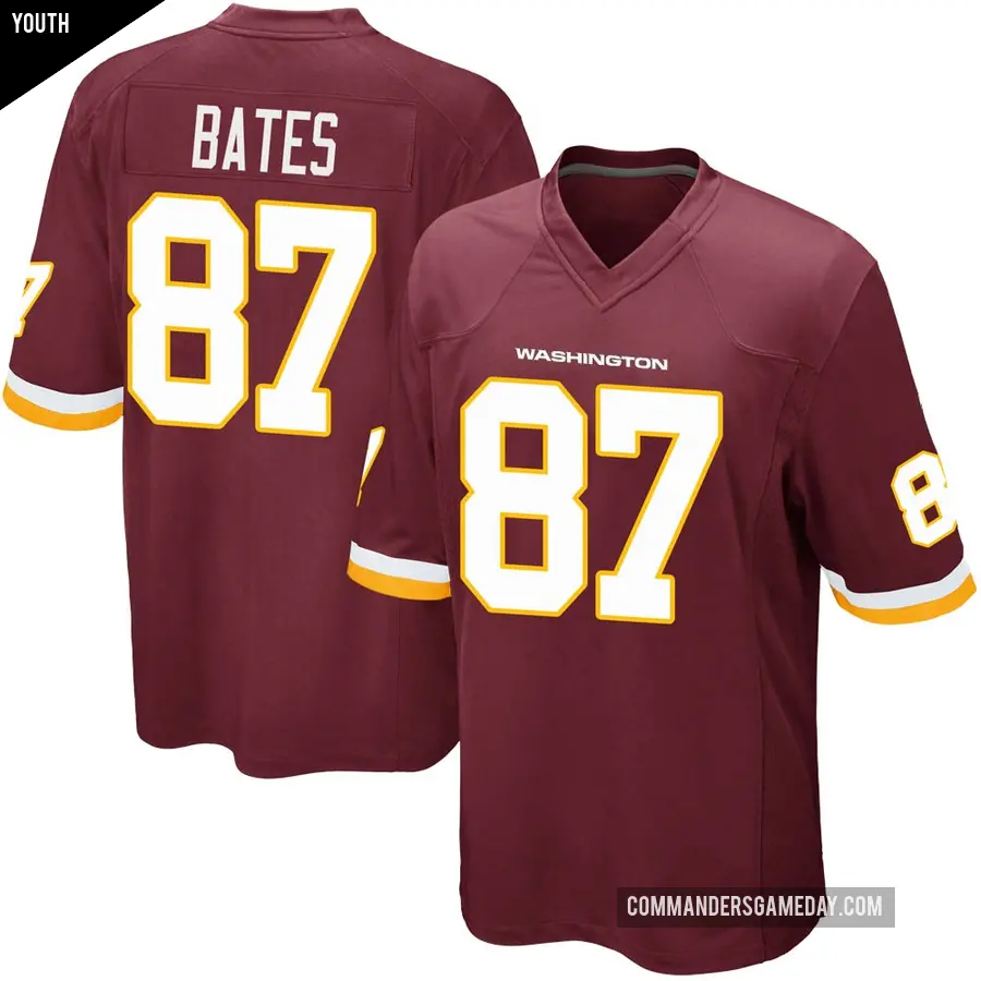 Youth Washington Commanders ＃87 John Bates Game Burgundy Team Color Jersey